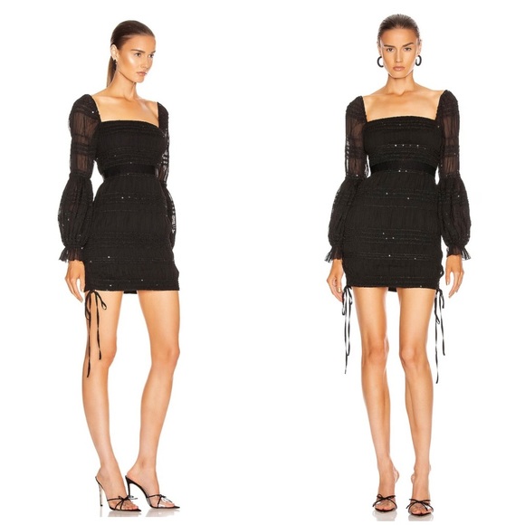 New! Self-Portrait Shirred Chiffon Long Sleeve Sequin Black Mini Dress 🖤 size 10 - Picture 2 of 15